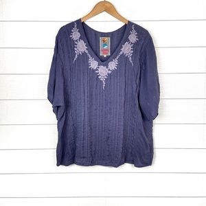 JOHNNY WAS Embroidered Pleated Short Sleeve Boho Blouse Purple Large